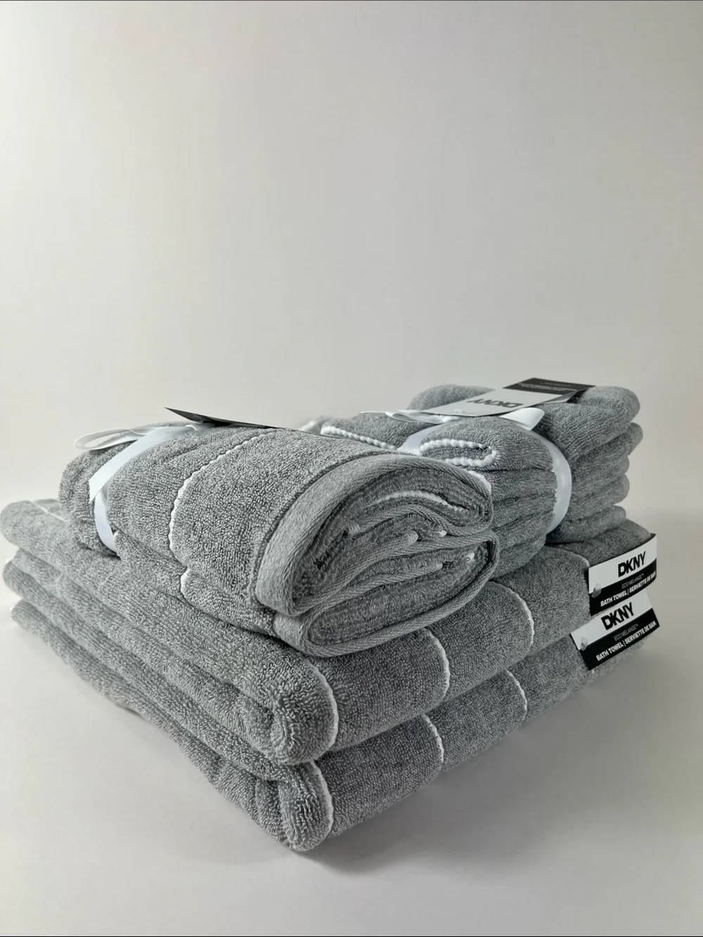 DKNY Bath Towel Set Eco Melange Light Gray White Soft Cotton Set of 8 NEW